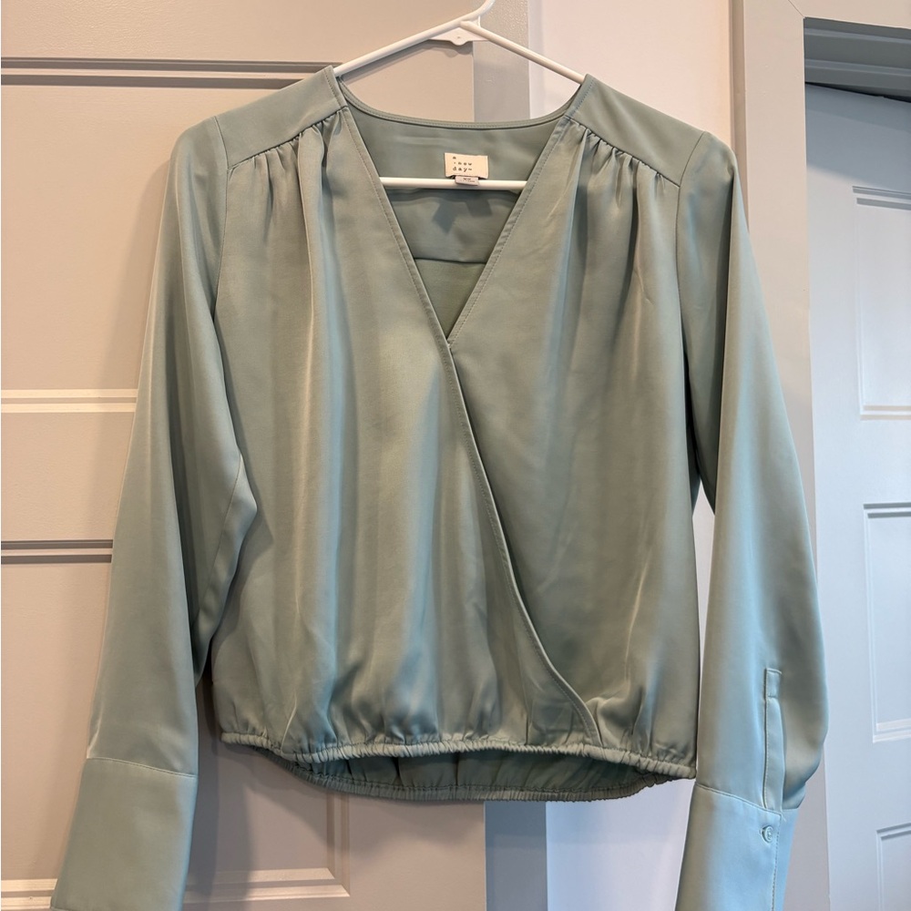 A New Day Blue Wrap Satin Blouse